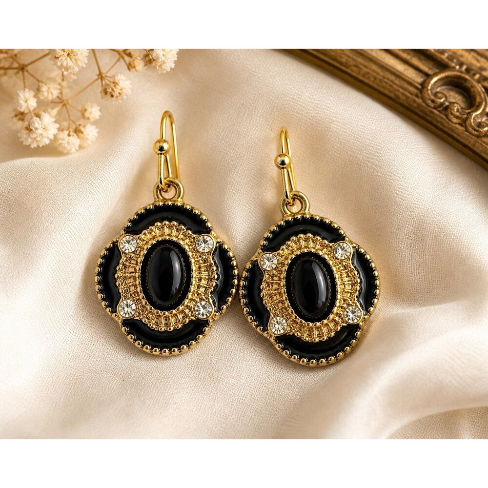 Vintage 1980s Etruscan Revival Dangle Earrings Black Enamel Gold Tone Rhinestone